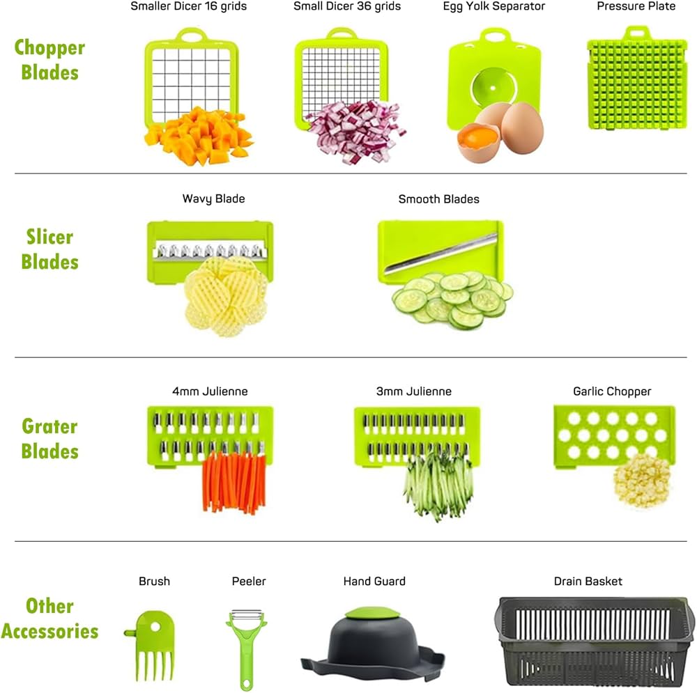 Coupe-Légumes Multifonction 14 en 1 – Mandoline Professionnelle avec 8 Lames, Râpe, Trancheuse et Bac de Récupération