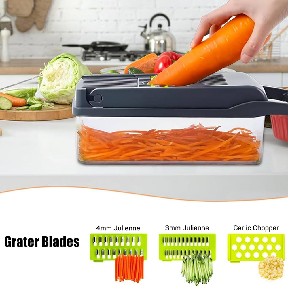 Coupe-Légumes Multifonction 14 en 1 – Mandoline Professionnelle avec 8 Lames, Râpe, Trancheuse et Bac de Récupération