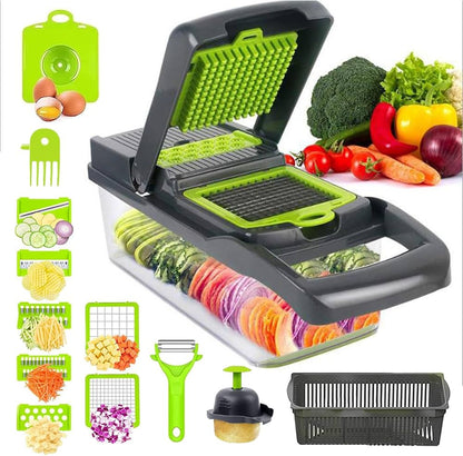 Coupe-Légumes Multifonction 14 en 1 – Mandoline Professionnelle avec 8 Lames, Râpe, Trancheuse et Bac de Récupération