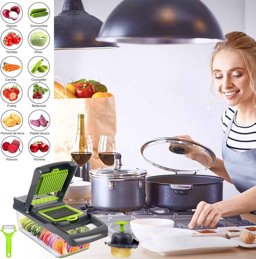Coupe-Légumes Multifonction 14 en 1 – Mandoline Professionnelle avec 8 Lames, Râpe, Trancheuse et Bac de Récupération