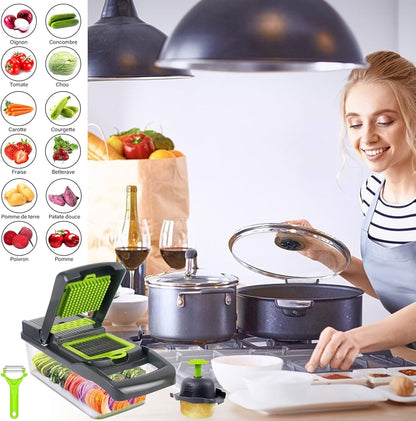 Coupe-Légumes Multifonction 14 en 1 – Mandoline Professionnelle avec 8 Lames, Râpe, Trancheuse et Bac de Récupération