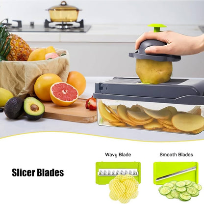 Coupe-Légumes Multifonction 14 en 1 – Mandoline Professionnelle avec 8 Lames, Râpe, Trancheuse et Bac de Récupération