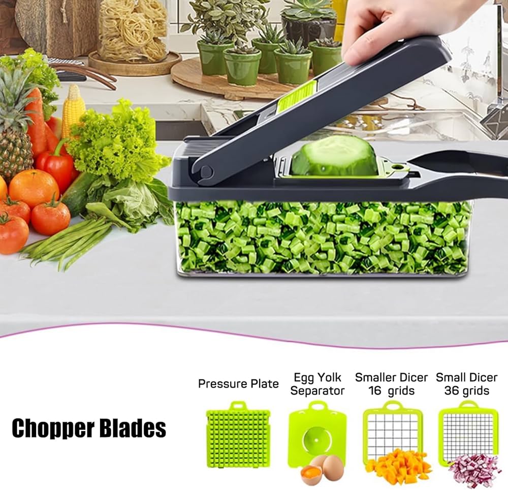 Coupe-Légumes Multifonction 14 en 1 – Mandoline Professionnelle avec 8 Lames, Râpe, Trancheuse et Bac de Récupération