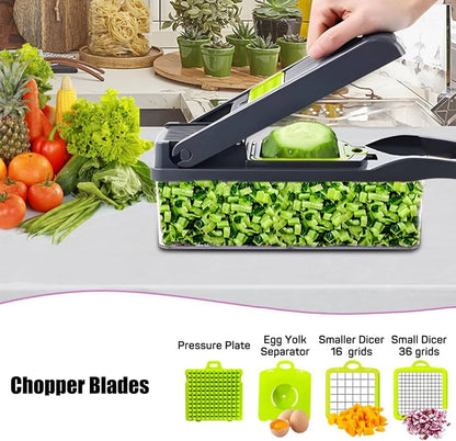 Coupe-Légumes Multifonction 14 en 1 – Mandoline Professionnelle avec 8 Lames, Râpe, Trancheuse et Bac de Récupération