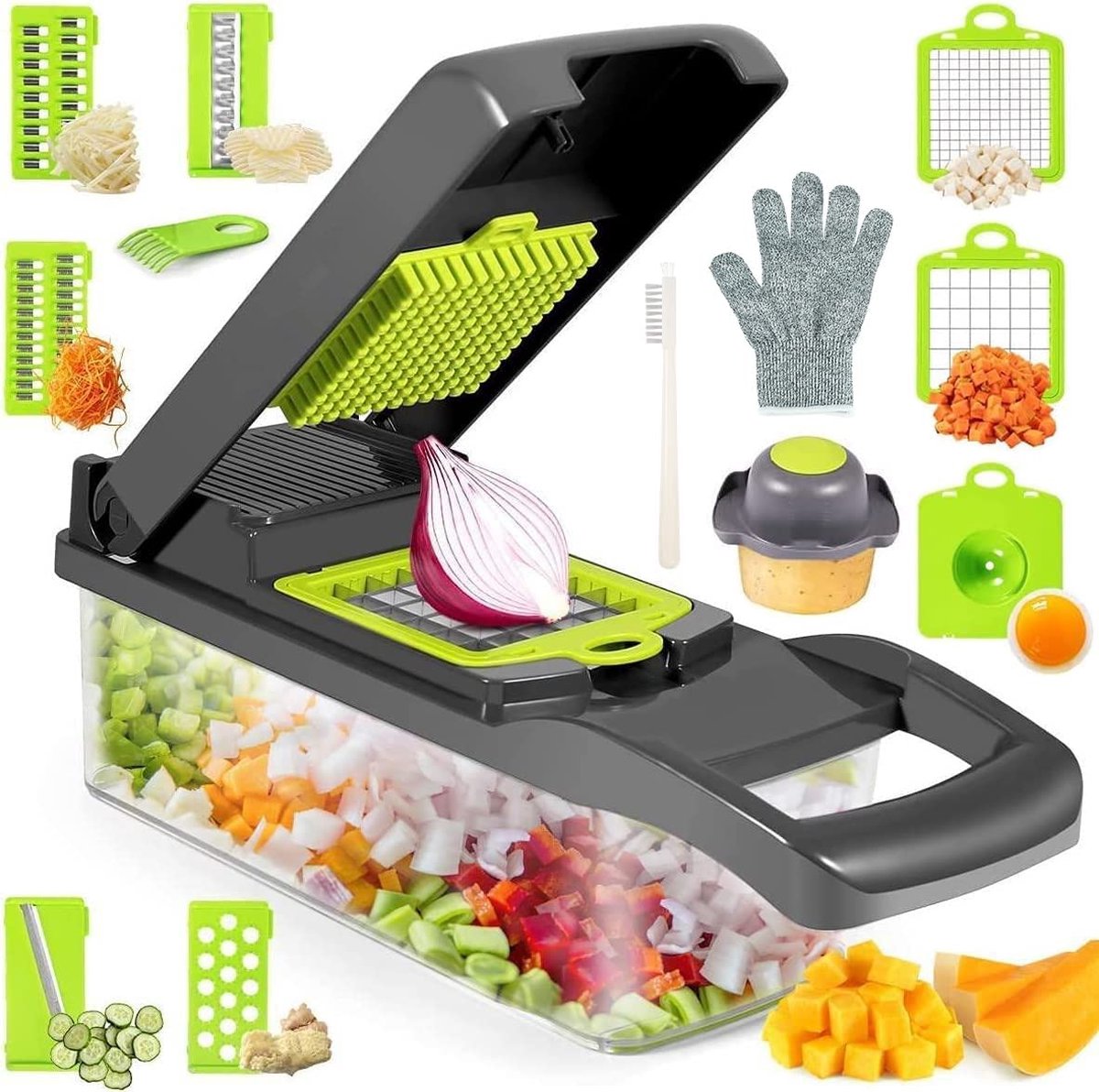 Coupe-Légumes Multifonction 14 en 1 – Mandoline Professionnelle avec 8 Lames, Râpe, Trancheuse et Bac de Récupération