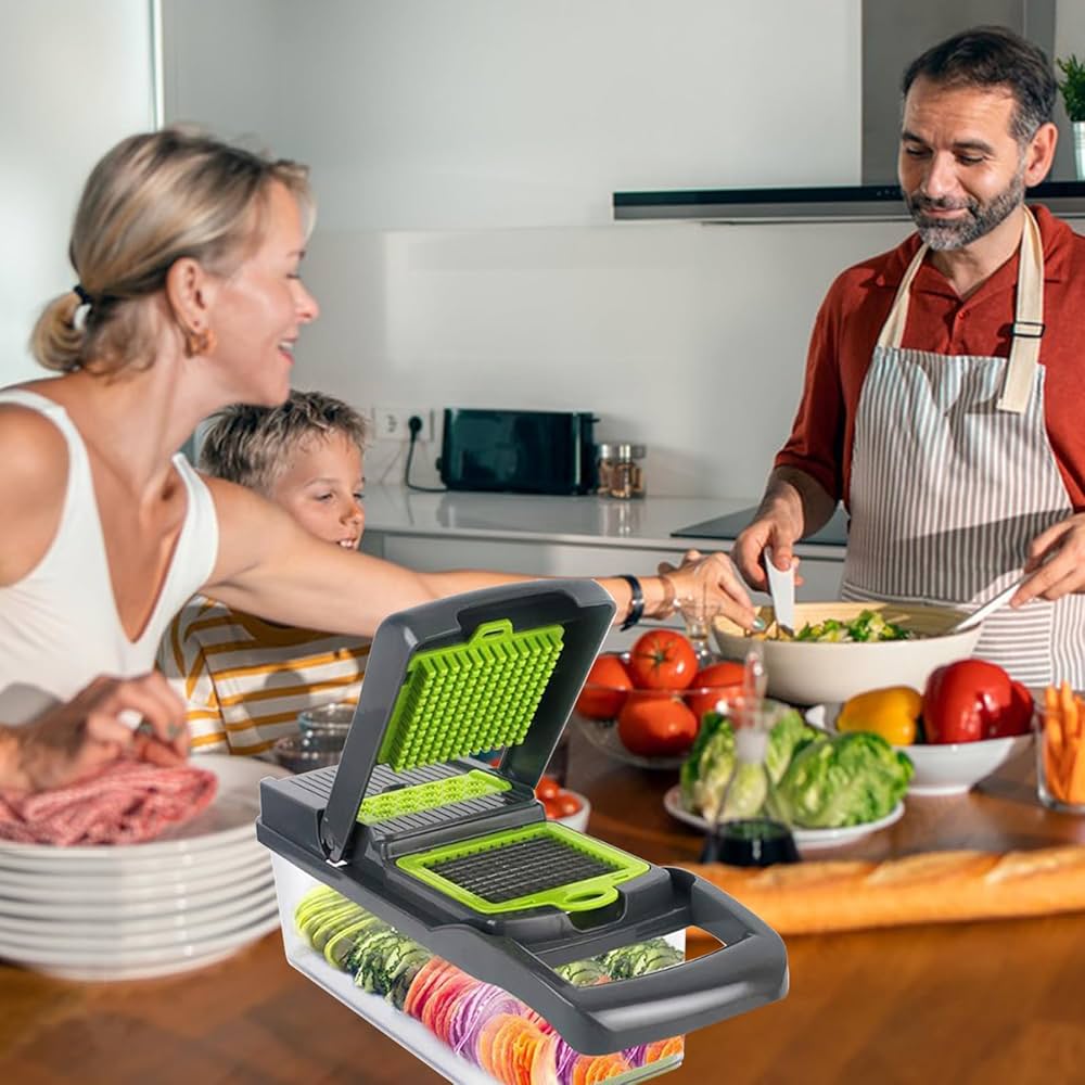 Coupe-Légumes Multifonction 14 en 1 – Mandoline Professionnelle avec 8 Lames, Râpe, Trancheuse et Bac de Récupération