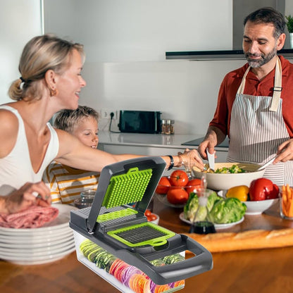 Coupe-Légumes Multifonction 14 en 1 – Mandoline Professionnelle avec 8 Lames, Râpe, Trancheuse et Bac de Récupération